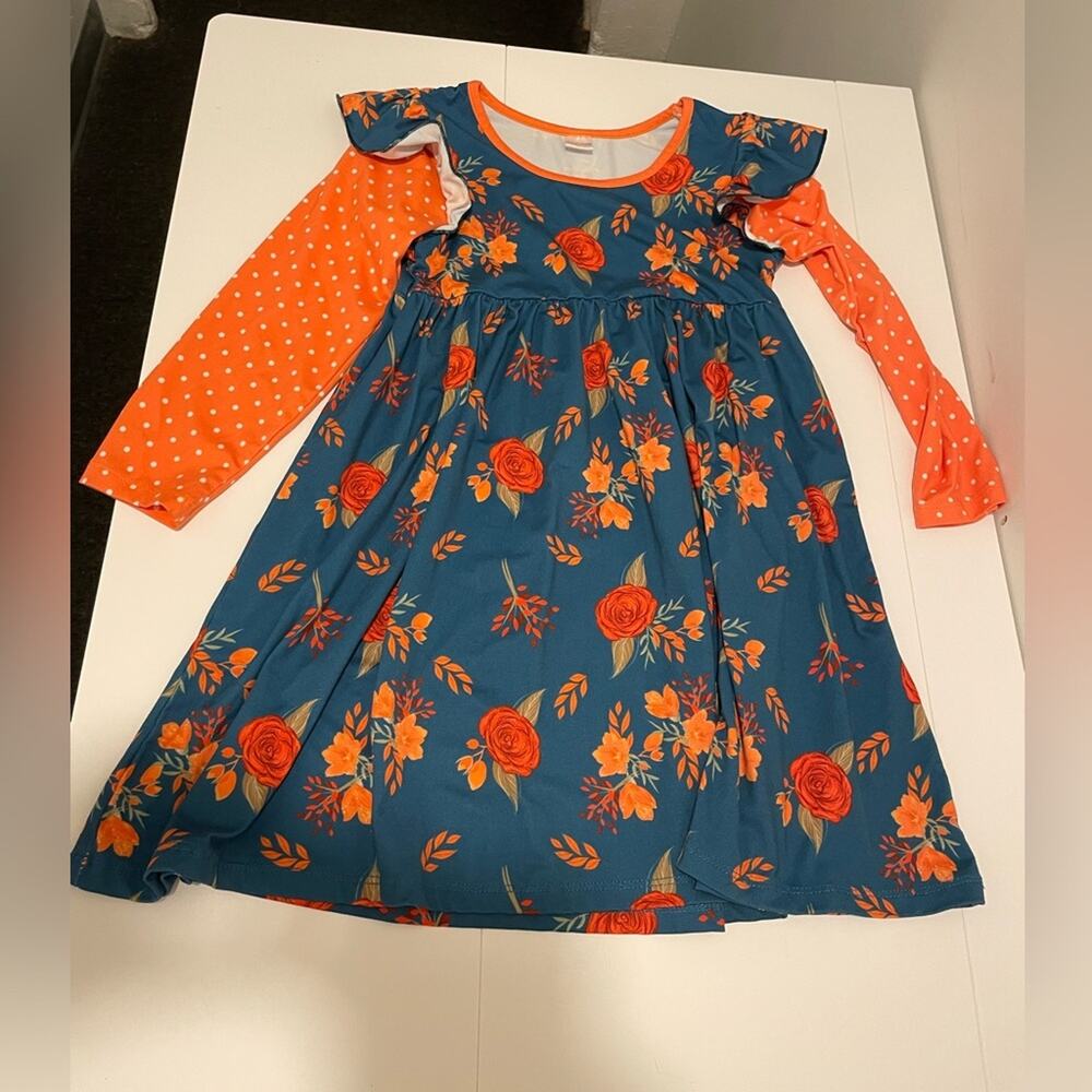Penelope Plumm Brand Girl's size 6 Blue & Orange Fall Print Ruffle Dress